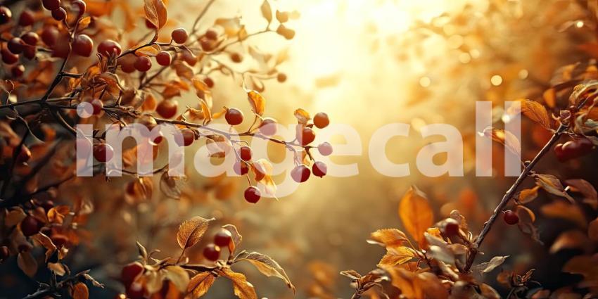 A field of vibrant red leaves bathed in the warm light of the setting sun, creating a scene of tranquility and natural beauty