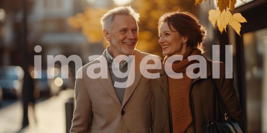 Two Individuals Walking Outdoors in Urban Setting: Late Afternoon or Early Evening with Warm, Golden Hue, Person on the Left Wearing Light-Colored Blazer Over Sweater and Shirt