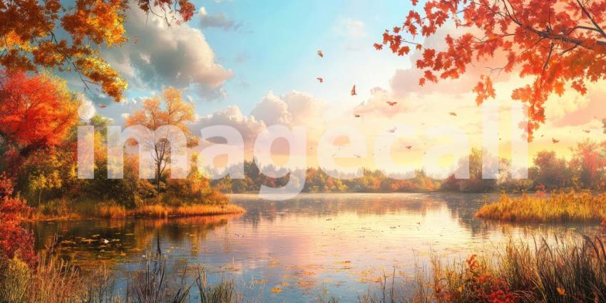 A field of vibrant red leaves bathed in the warm light of the setting sun, creating a scene of tranquility and natural beauty