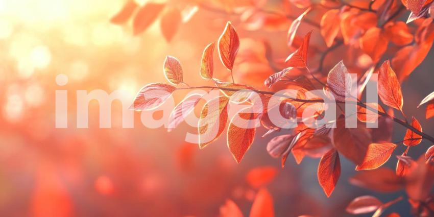 A field of vibrant red leaves bathed in the warm light of the setting sun, creating a scene of tranquility and natural beauty