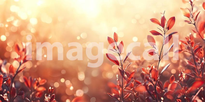 A field of vibrant red leaves bathed in the warm light of the setting sun, creating a scene of tranquility and natural beauty