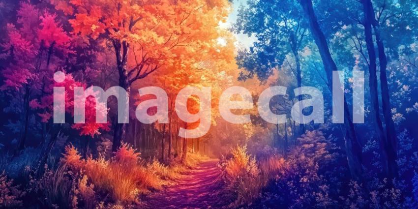 A winding path through a forest, where vibrant autumnal colors meet a cool, blue expanse, creating a surreal and captivating scene