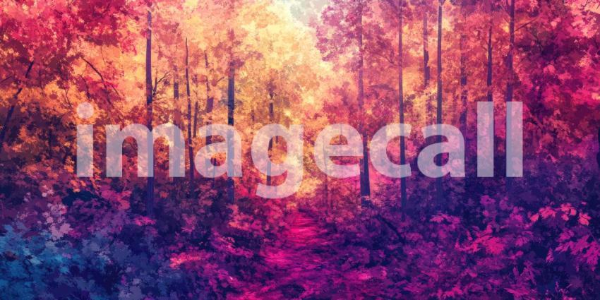 A winding path through a forest, where vibrant autumnal colors meet a cool, blue expanse, creating a surreal and captivating scene