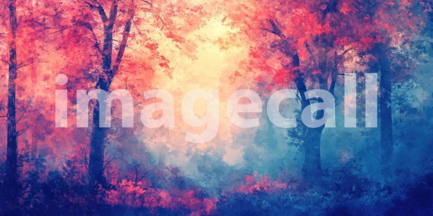 A winding path through a forest, where vibrant autumnal colors meet a cool, blue expanse, creating a surreal and captivating scene