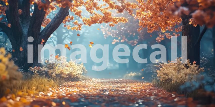 A path through a forest ablaze with autumn colors, where leaves dance in the gentle breeze, creating a scene of tranquility and seasonal beauty