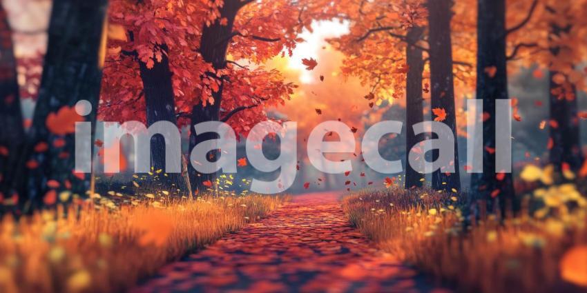 A path through a forest ablaze with autumn colors, where leaves dance in the gentle breeze, creating a scene of tranquility and seasonal beauty
