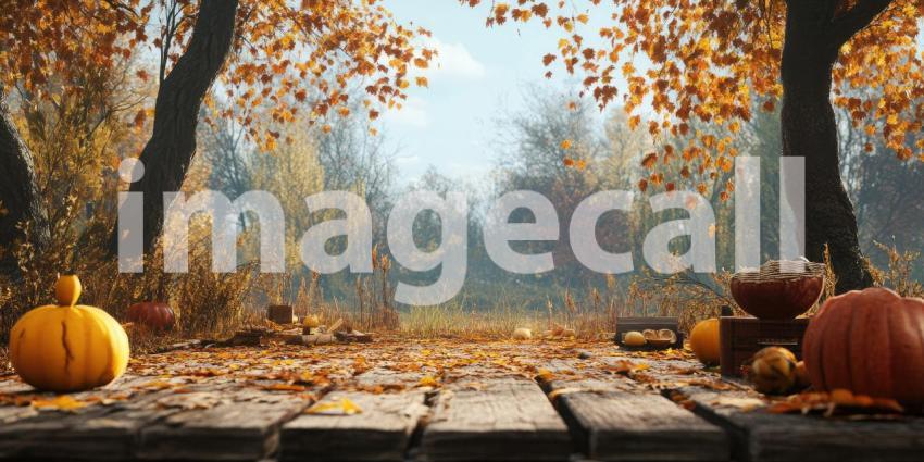 A rustic wooden path lined with fallen leaves leads towards a picturesque scene of pumpkins, gourds, and a basket, creating a warm and inviting autumnal ambiance