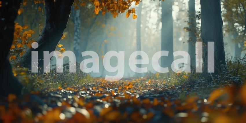 A rustic wooden path lined with fallen leaves leads towards a picturesque scene of pumpkins, gourds, and a basket, creating a warm and inviting autumnal ambiance