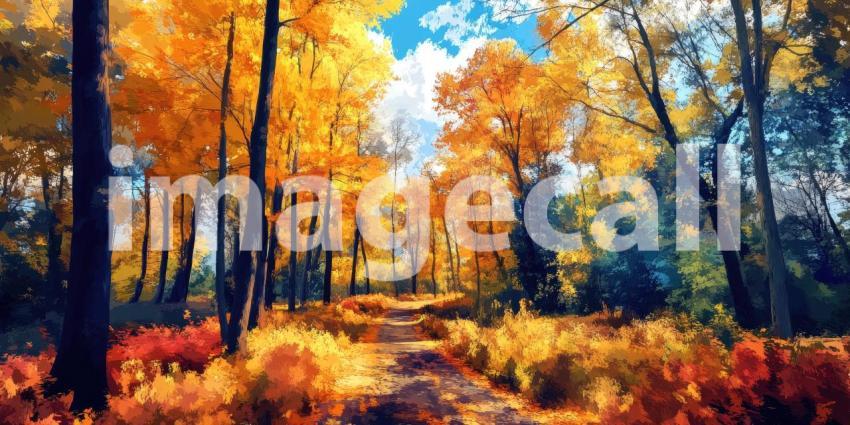 A winding path through a forest, where vibrant autumnal colors meet a cool, blue expanse, creating a surreal and captivating scene