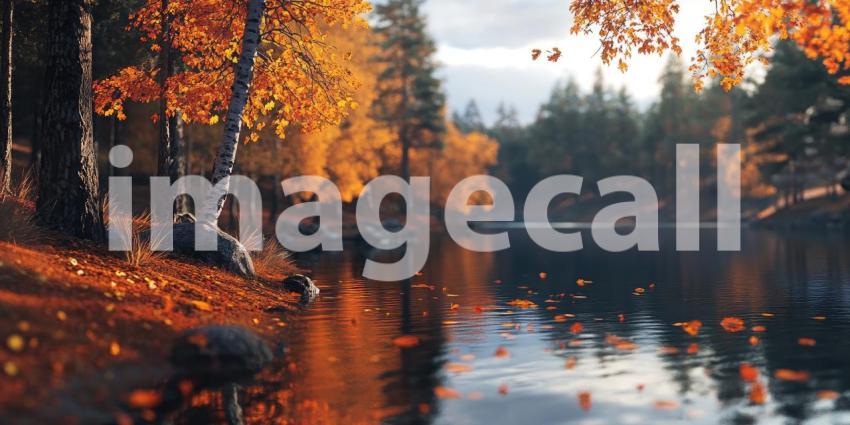 A rustic wooden path lined with fallen leaves leads towards a picturesque scene of pumpkins, gourds, and a basket, creating a warm and inviting autumnal ambiance