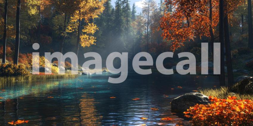 A rustic wooden path lined with fallen leaves leads towards a picturesque scene of pumpkins, gourds, and a basket, creating a warm and inviting autumnal ambiance