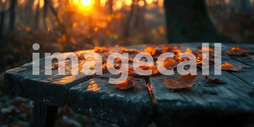 A weathered wooden table, adorned with a scattering of fallen leaves, sits bathed in the warm glow of the setting sun, evoking a sense of tranquility and the beauty of the changing seasons