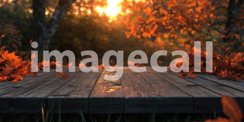 A weathered wooden table, adorned with a scattering of fallen leaves, sits bathed in the warm glow of the setting sun, evoking a sense of tranquility and the beauty of the changing seasons