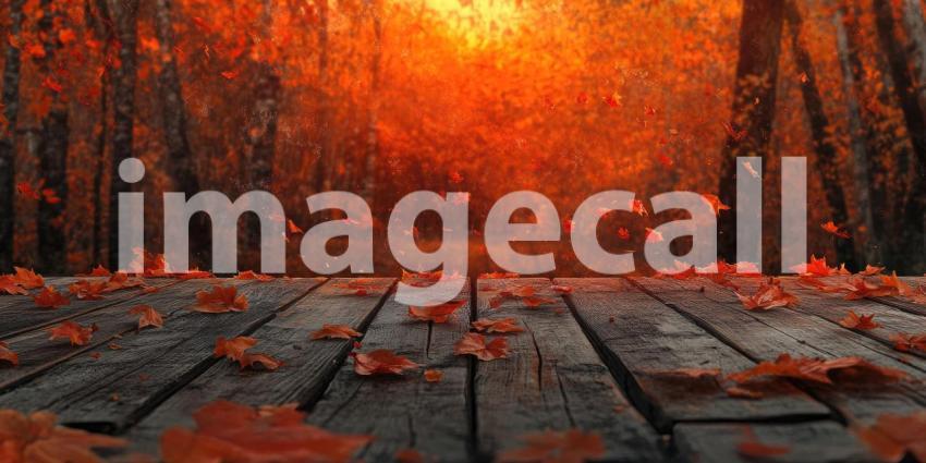 A weathered wooden table, adorned with a scattering of fallen leaves, sits bathed in the warm glow of the setting sun, evoking a sense of tranquility and the beauty of the changing seasons