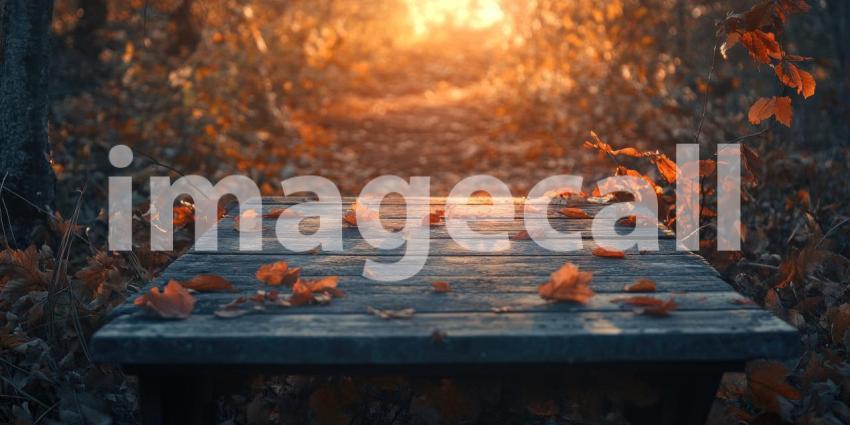 A weathered wooden table, adorned with a scattering of fallen leaves, sits bathed in the warm glow of the setting sun, evoking a sense of tranquility and the beauty of the changing seasons