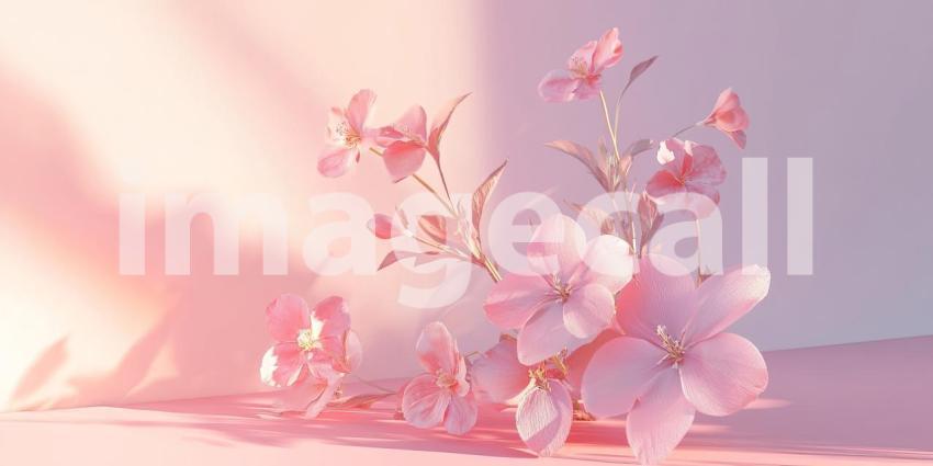 Delicate pink flowers, bathed in soft light, create a scene of gentle beauty and tranquility