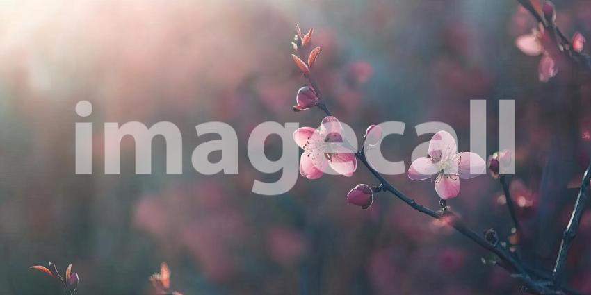 Delicate pink blossoms, bathed in the soft light of dawn, burst forth from a branch, heralding the arrival of spring and the renewal of nature
