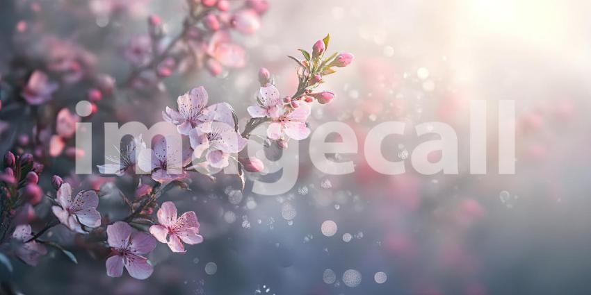 Delicate pink blossoms, bathed in the soft light of dawn, burst forth from a branch, heralding the arrival of spring and the renewal of nature