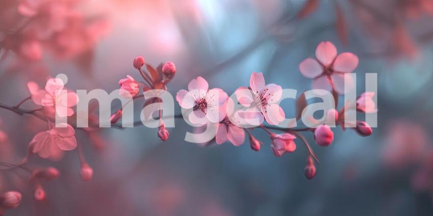 Delicate pink blossoms, bathed in the soft light of dawn, burst forth from a branch, heralding the arrival of spring and the renewal of nature