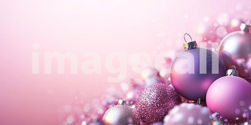 : Shimmering pink and silver ornaments, dusted with a touch of frost, create a magical scene that evokes the spirit of the holiday season