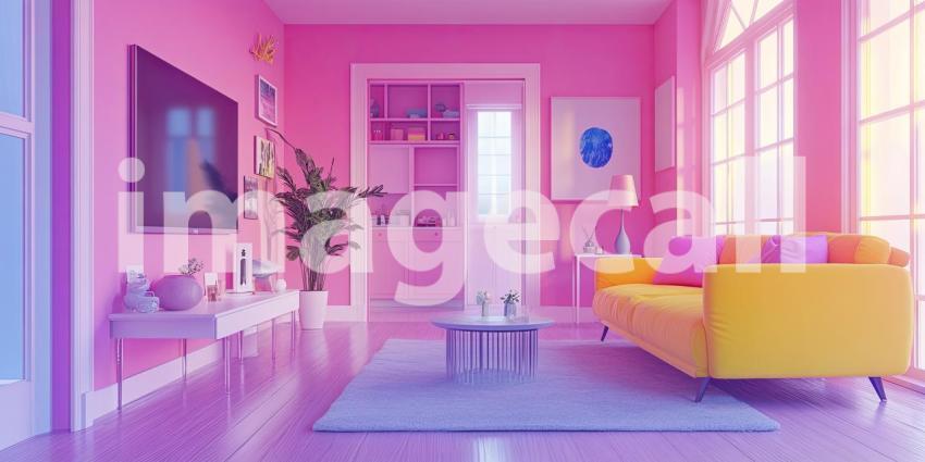 This vibrant living room, awash in shades of pink and yellow, offers a playful and cheerful atmosphere, inviting relaxation and imaginative play