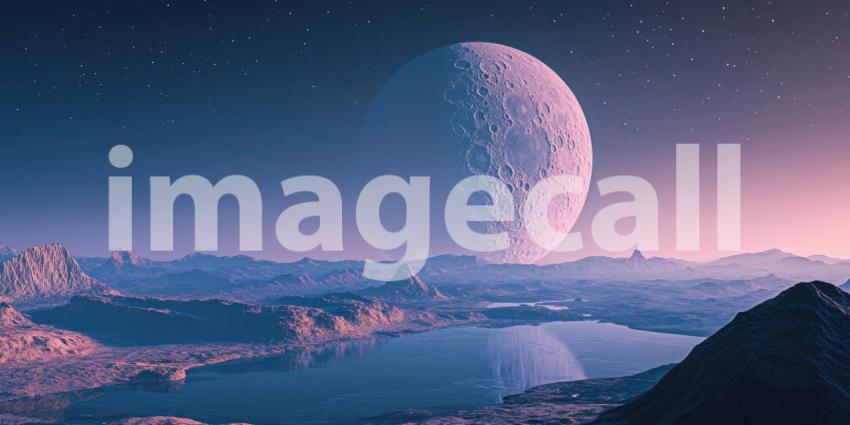 A colossal moon looms over a desolate, yet breathtaking landscape, casting a surreal glow on a vast, still lake, hinting at the mysteries and wonders that lie beyond our own world