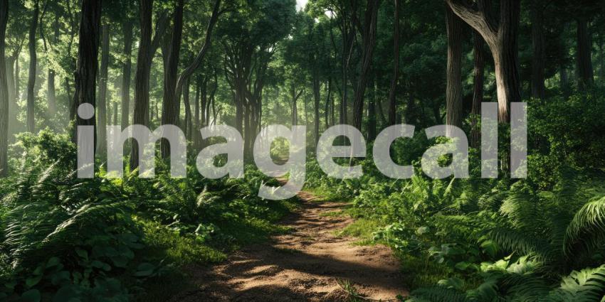 A 360-degree view of a sun-dappled forest path, inviting you to step into the tranquil scene and explore the lush surroundings