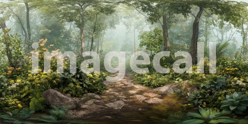 A 360-degree view of a sun-dappled forest path, inviting you to step into the tranquil scene and explore the lush surroundings