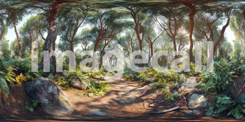 A 360-degree view of a sun-dappled forest path, inviting you to step into the tranquil scene and explore the lush surroundings