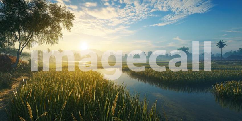 A picturesque scene of a rice paddy bathed in the golden light of sunrise, with a small village and lush greenery in the background