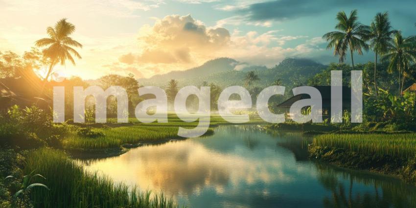 A picturesque scene of a rice paddy bathed in the golden light of sunrise, with a small village and lush greenery in the background