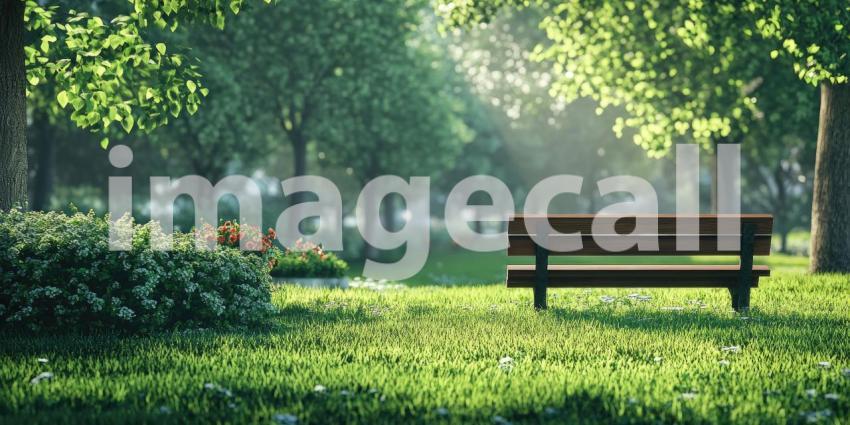 A wooden bench beckons in a sun-dappled park, inviting you to pause and enjoy the peaceful atmosphere as a winding path leads through a vibrant landscape of trees and flowers