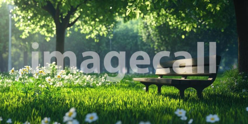 A wooden bench beckons in a sun-dappled park, inviting you to pause and enjoy the peaceful atmosphere as a winding path leads through a vibrant landscape of trees and flowers