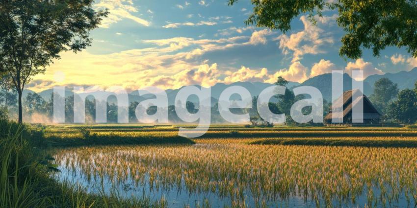 A picturesque scene of a rice paddy bathed in the golden light of sunrise, with a small village and lush greenery in the background