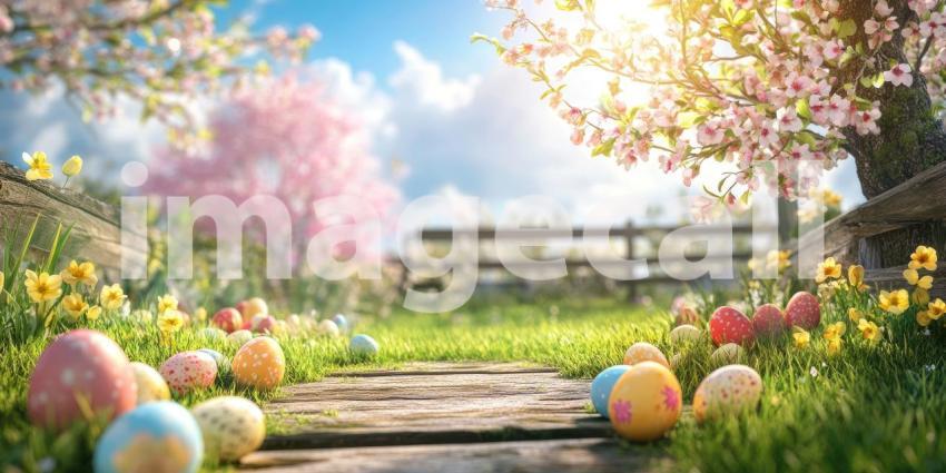 A majestic tree, adorned with a profusion of delicate white blossoms, stands sentinel over a vibrant meadow, where wildflowers bloom in a riot of color under a bright spring sky