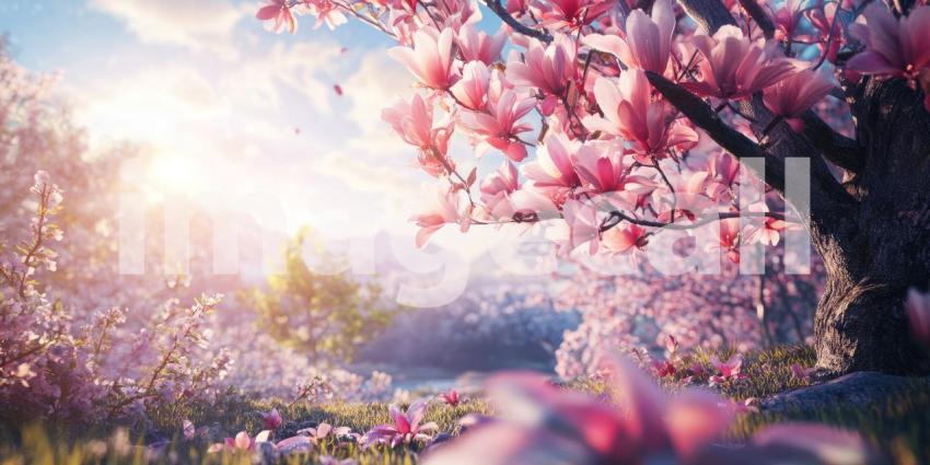 A majestic tree, adorned with a profusion of delicate white blossoms, stands sentinel over a vibrant meadow, where wildflowers bloom in a riot of color under a bright spring sky