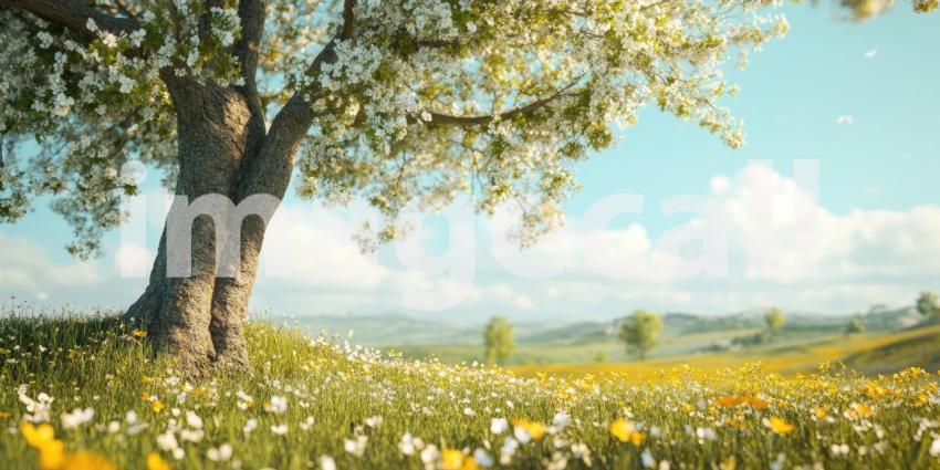 A majestic tree, adorned with a profusion of delicate white blossoms, stands sentinel over a vibrant meadow, where wildflowers bloom in a riot of color under a bright spring sky