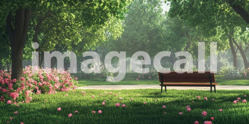 A wooden bench beckons in a sun-dappled park, inviting you to pause and enjoy the peaceful atmosphere as a winding path leads through a vibrant landscape of trees and flowers