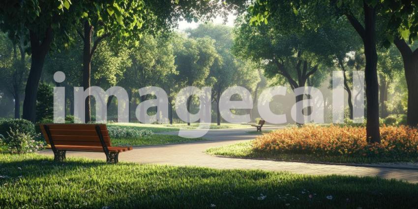 A wooden bench beckons in a sun-dappled park, inviting you to pause and enjoy the peaceful atmosphere as a winding path leads through a vibrant landscape of trees and flowers