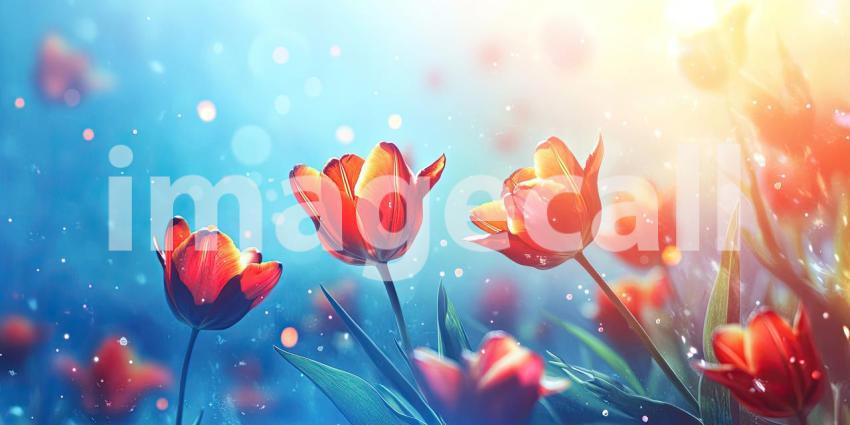 Vibrant red tulips, bathed in warm sunlight, reach for the sky, creating a scene of vibrant beauty and boundless hope