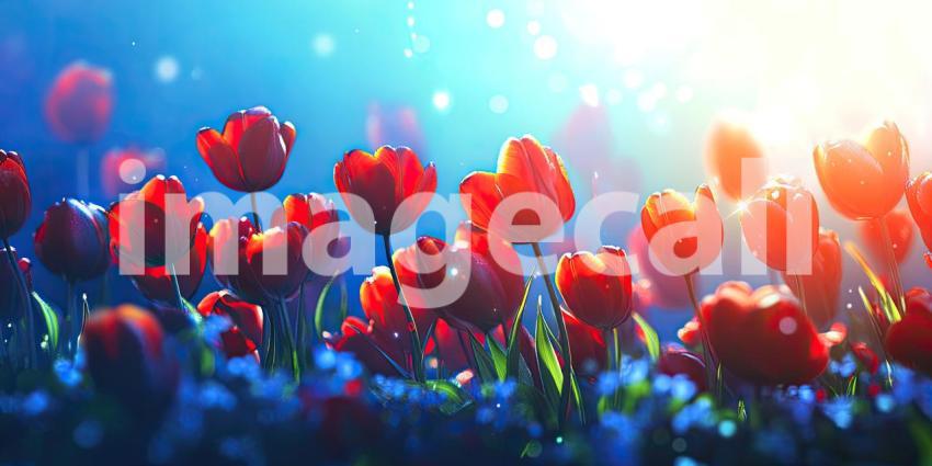 Vibrant red tulips, bathed in warm sunlight, reach for the sky, creating a scene of vibrant beauty and boundless hope