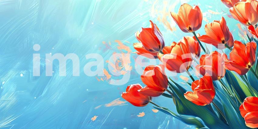 Vibrant red tulips, bathed in warm sunlight, reach for the sky, creating a scene of vibrant beauty and boundless hope