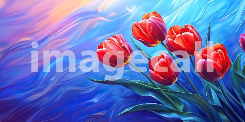 Vibrant red tulips, bathed in warm sunlight, reach for the sky, creating a scene of vibrant beauty and boundless hope