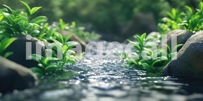 A crystal-clear stream, flanked by lush greenery, gently flows over smooth stones, creating a tranquil and inviting scene