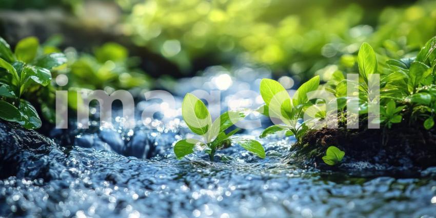 A crystal-clear stream, flanked by lush greenery, gently flows over smooth stones, creating a tranquil and inviting scene