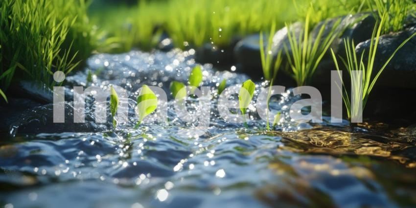 A crystal-clear stream, flanked by lush greenery, gently flows over smooth stones, creating a tranquil and inviting scene