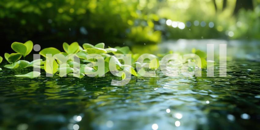 A crystal-clear stream, flanked by lush greenery, gently flows over smooth stones, creating a tranquil and inviting scene