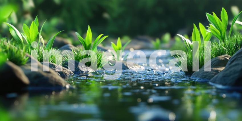 A crystal-clear stream, flanked by lush greenery, gently flows over smooth stones, creating a tranquil and inviting scene