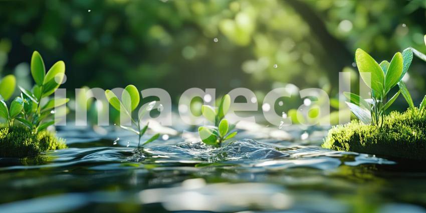 A crystal-clear stream, flanked by lush greenery, gently flows over smooth stones, creating a tranquil and inviting scene