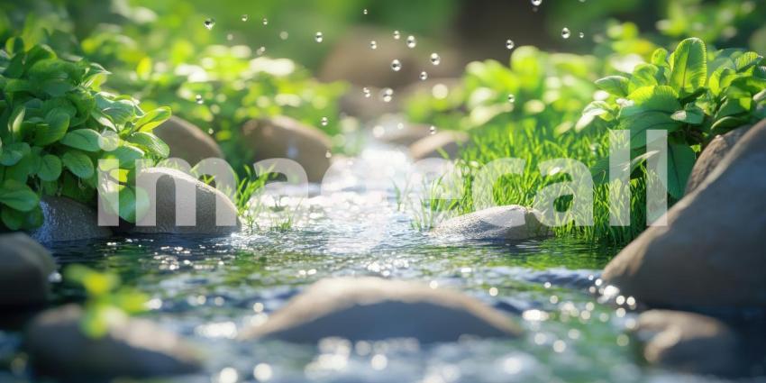 A crystal-clear stream, flanked by lush greenery, gently flows over smooth stones, creating a tranquil and inviting scene